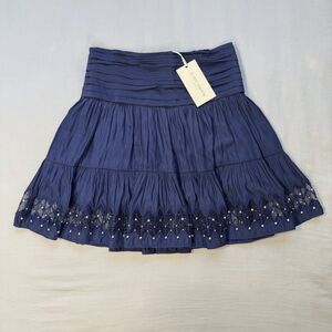 NWT Ramy Brook Hartford Embellished Smocked Mini Skirt SMALL Navy Blue Studded